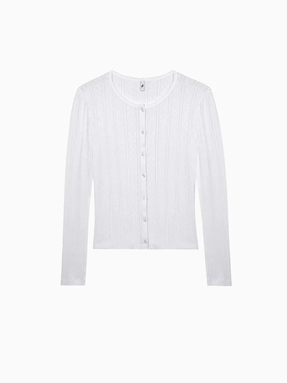 White pointelle knit cardigan with button front and crew neck