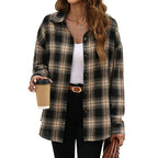 Black and tan plaid oversized button-down shirt with long sleeves and front buttons