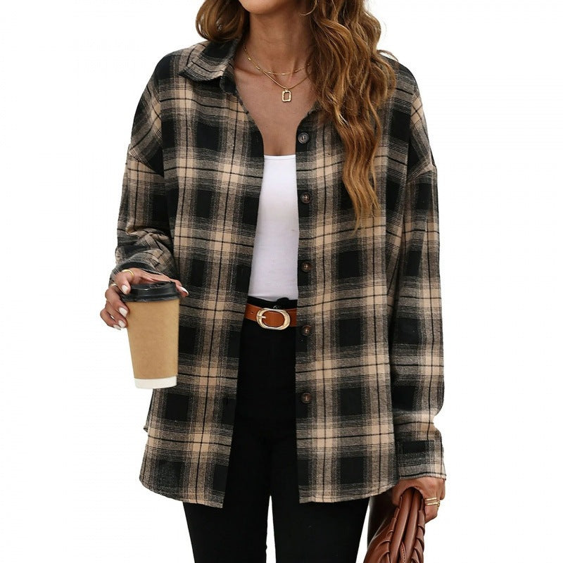 Black and tan plaid oversized button-down shirt with long sleeves and front buttons