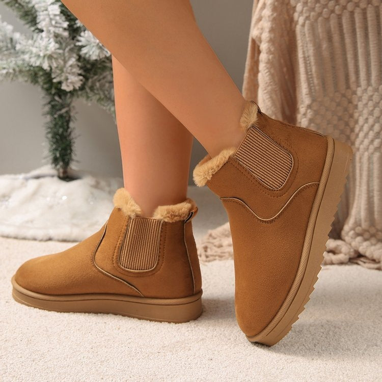 Fur-lined slip-on snow boots, camel faux suede with elastic side panels