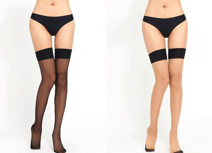 Pair of black sheer thigh-high stockings with wide welt top and visible seam panels