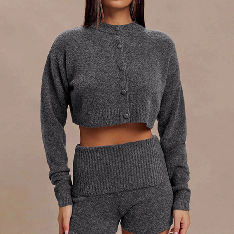 Dark gray cropped wool cardigan, women’s crew-neck button-up with ribbed trim