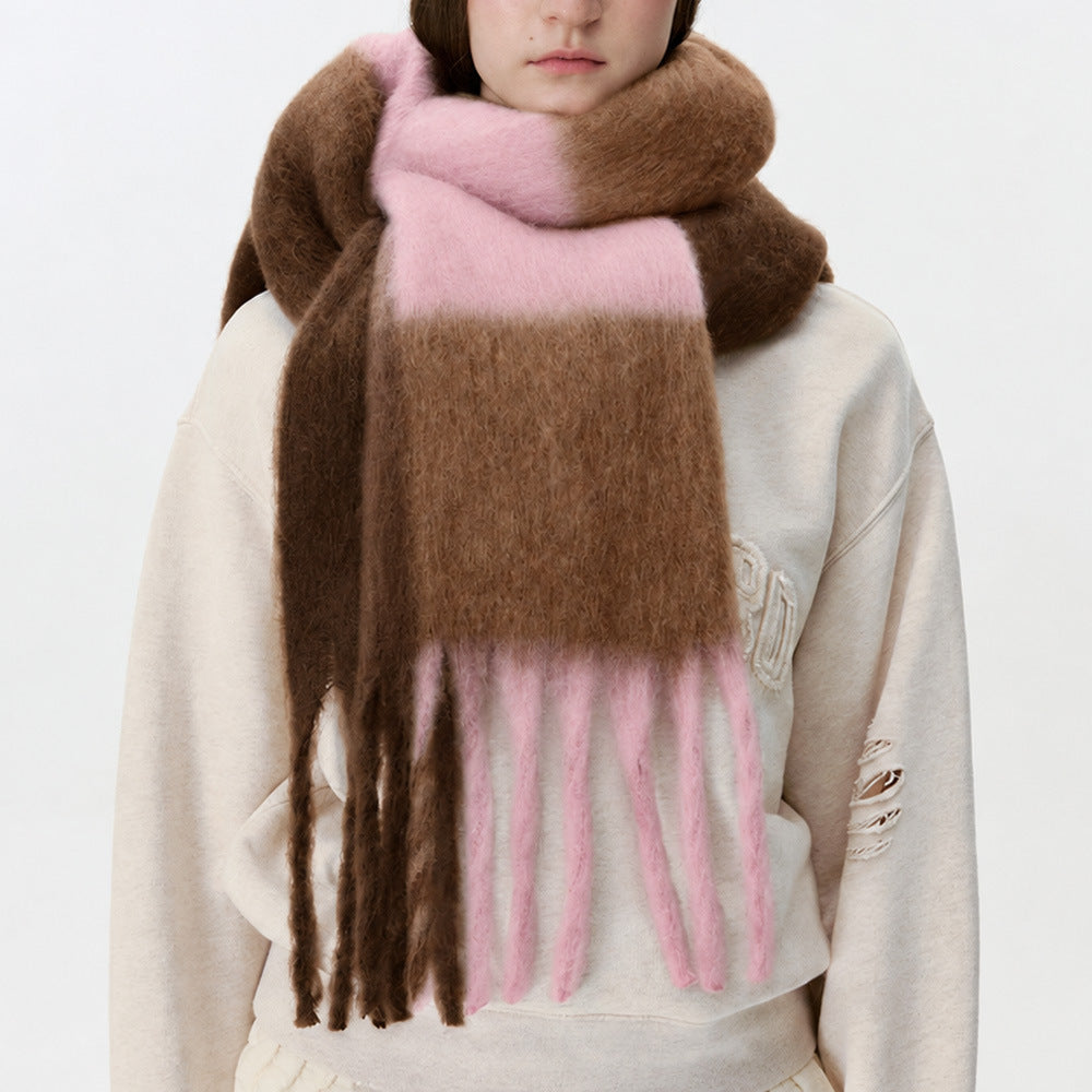 Plaid scarf in chocolate brown with pink sections and long fringed ends