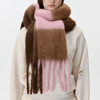 Plaid scarf in chocolate brown with pink sections and long fringed ends