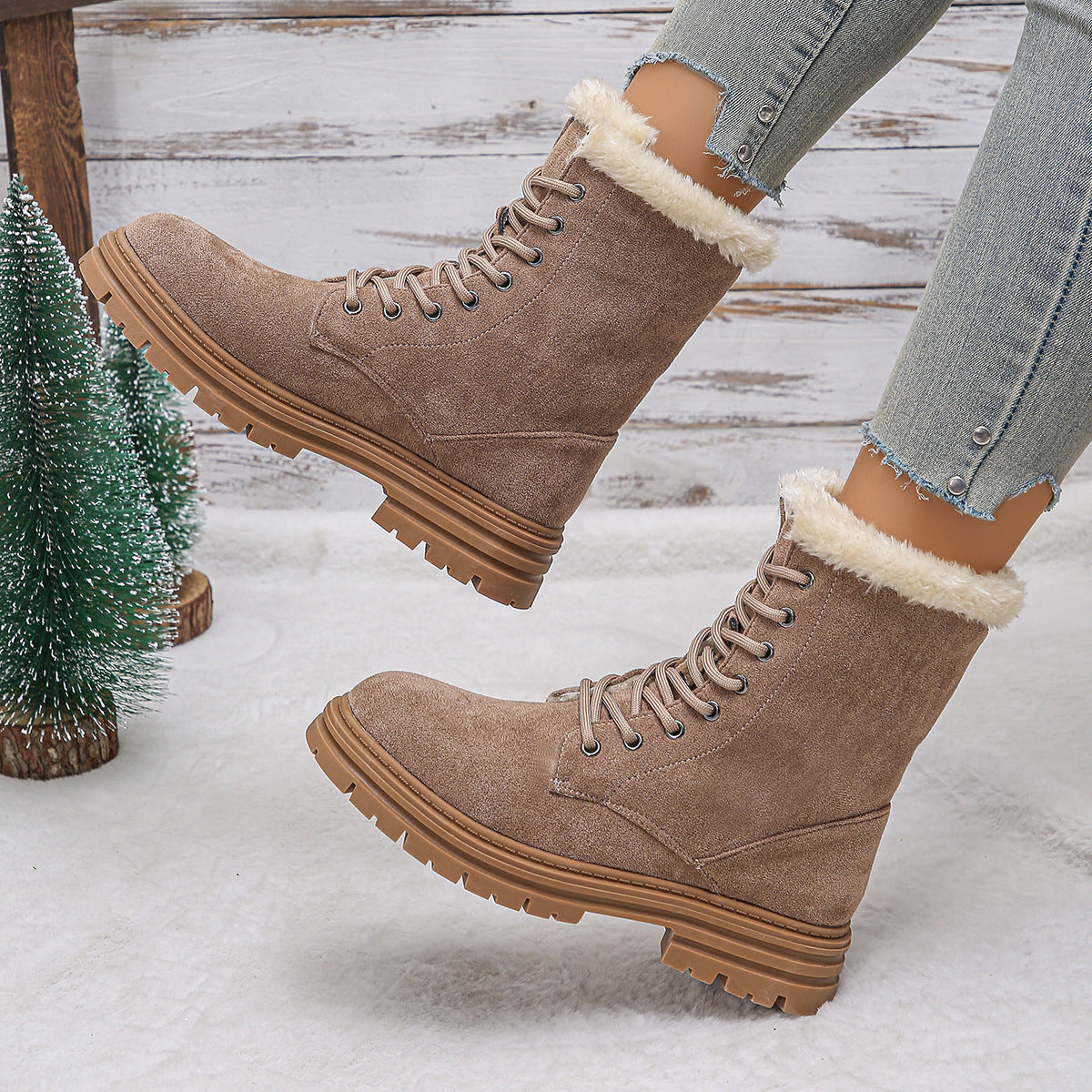 Camel faux suede lace-up combat boots with faux fur cuff and chunky lug sole