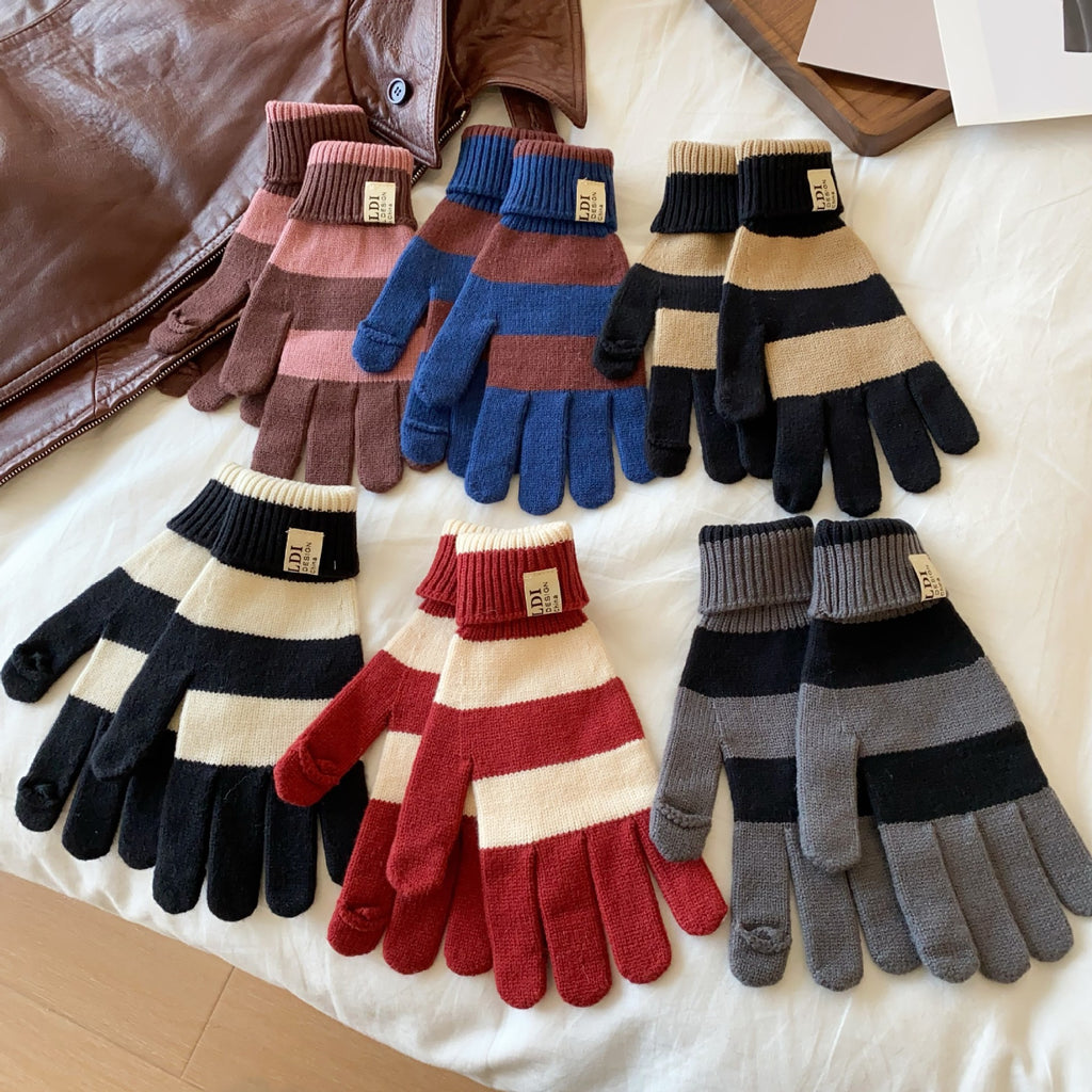 Striped knit gloves assortment with long ribbed cuffs in multiple colors, five-finger design