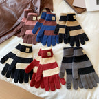 Striped knit gloves assortment with long ribbed cuffs in multiple colors, five-finger design