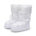 White faux fur lace-up snow boots, mid-calf height with chunky sole