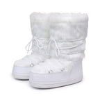 White faux fur lace-up snow boots, mid-calf height with chunky sole