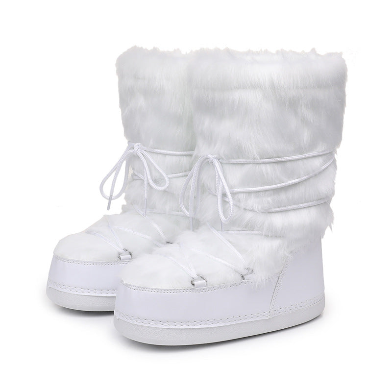 White faux fur lace-up snow boots, mid-calf height with chunky sole