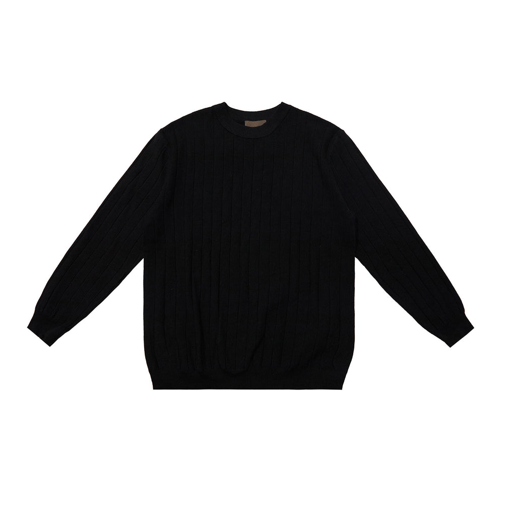 Black ribbed crew neck sweater with wide rib knit texture and long sleeves