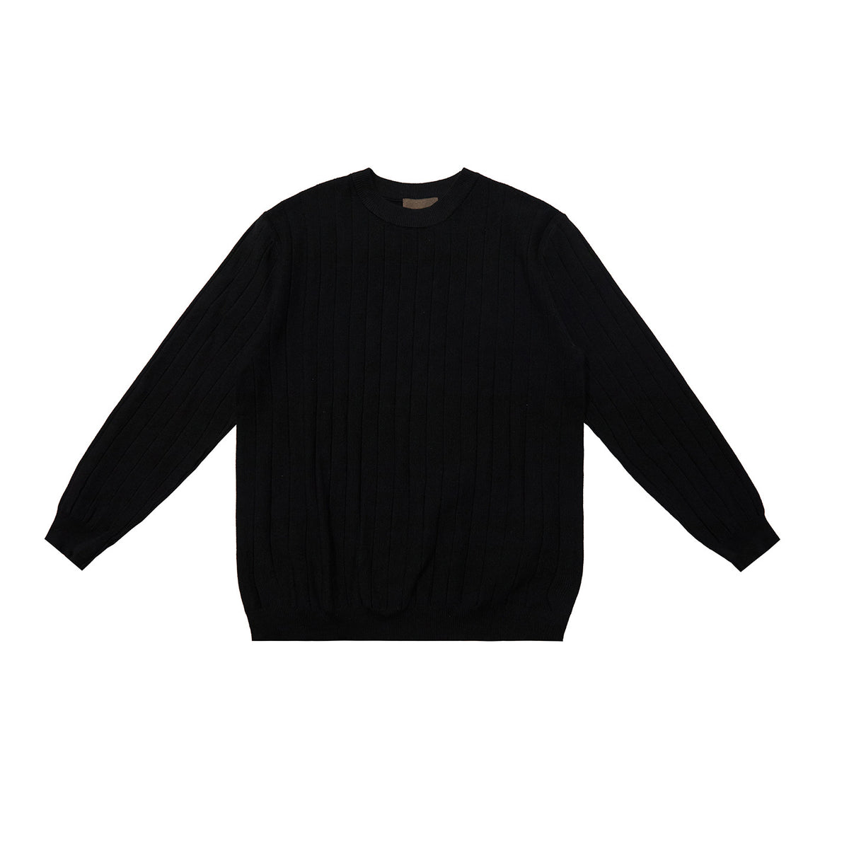 Black ribbed crew neck sweater with wide rib knit texture and long sleeves