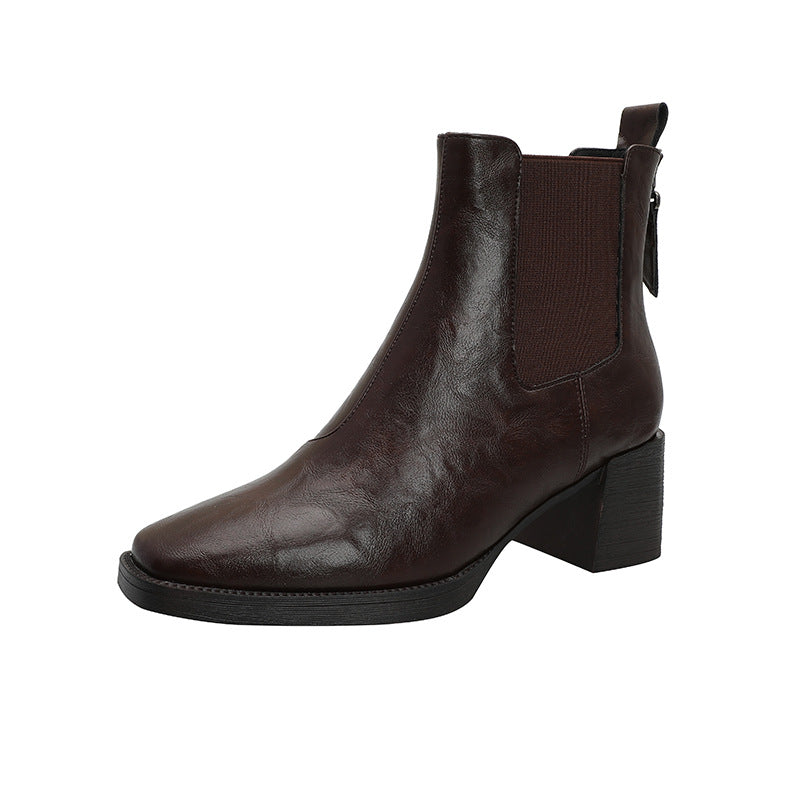 Women’s leather Chelsea ankle boots with square toe, stacked block heel, side elastic