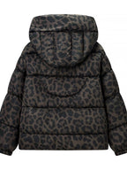 Cropped hooded puffer jacket with leopard print and horizontal quilted panels