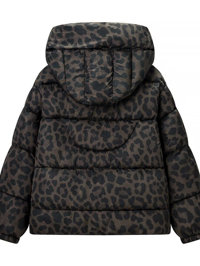 Cropped hooded puffer jacket with leopard print and horizontal quilted panels
