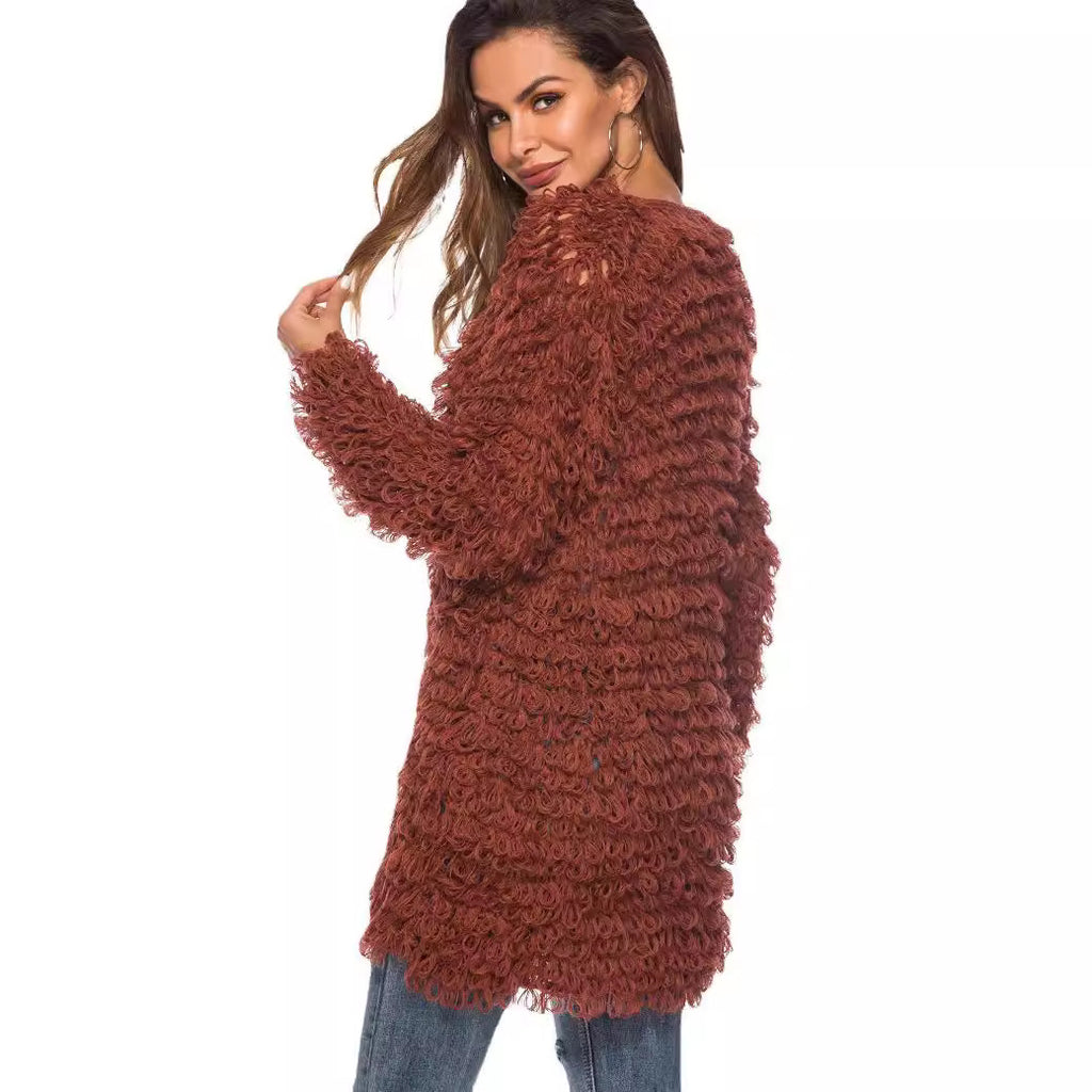 Back view fuzzy long shaggy loop cardigan, V-neck button front, rust-brown