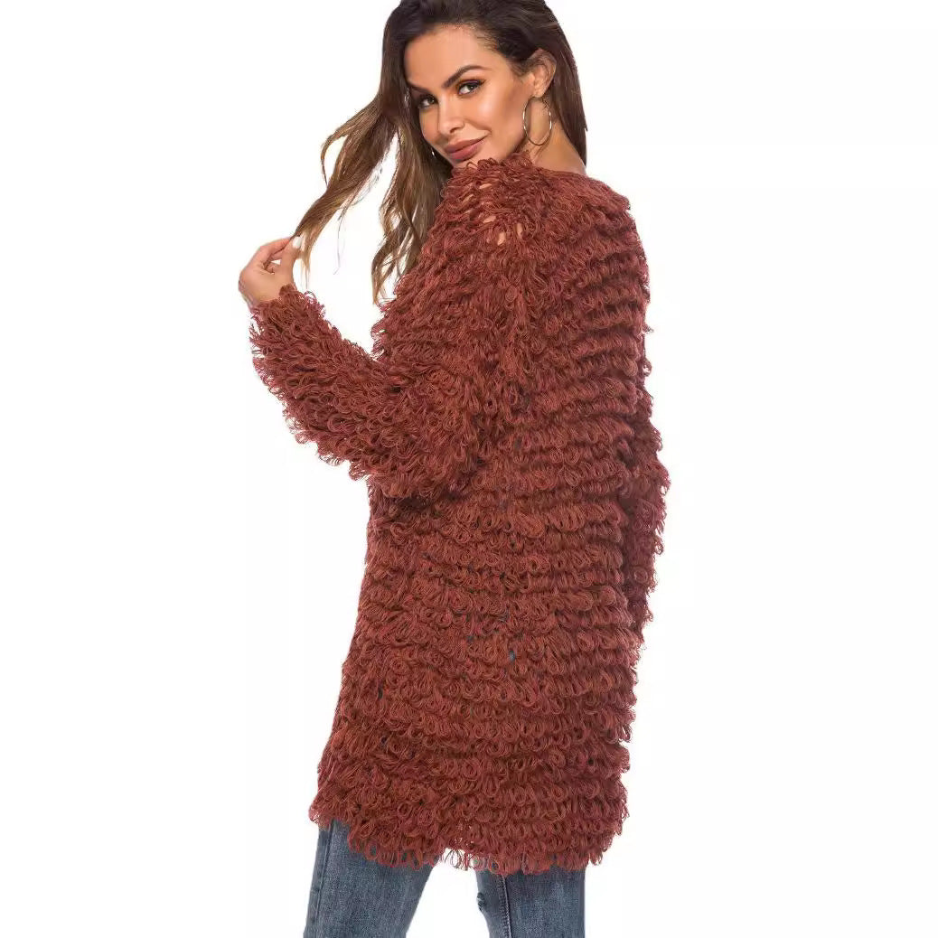 Back view fuzzy long shaggy loop cardigan, V-neck button front, rust-brown