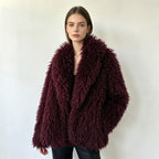 Burgundy faux fur cropped jacket with shawl lapel and open front