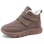 Taupe high-top sneaker with fleece lining and wide hook-and-loop closure straps