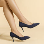 Women's pointed-toe knit stiletto pumps, dark navy, side view on foot