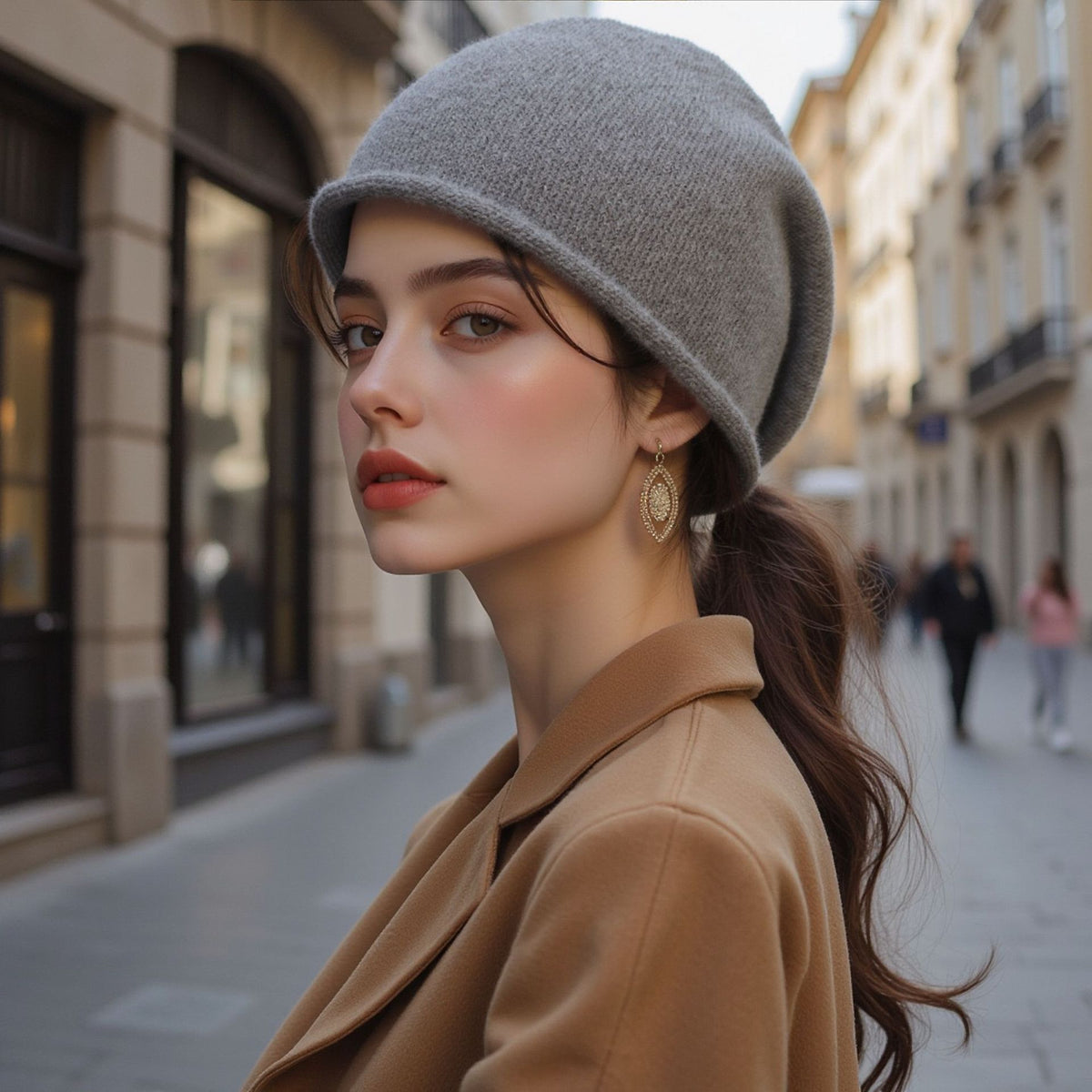 Grey knitted beanie hat for women, soft ribbed knit, fold-up cuff