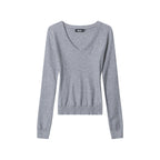 Women’s V-neck fitted sweater, fine knit, light gray long-sleeve pullover