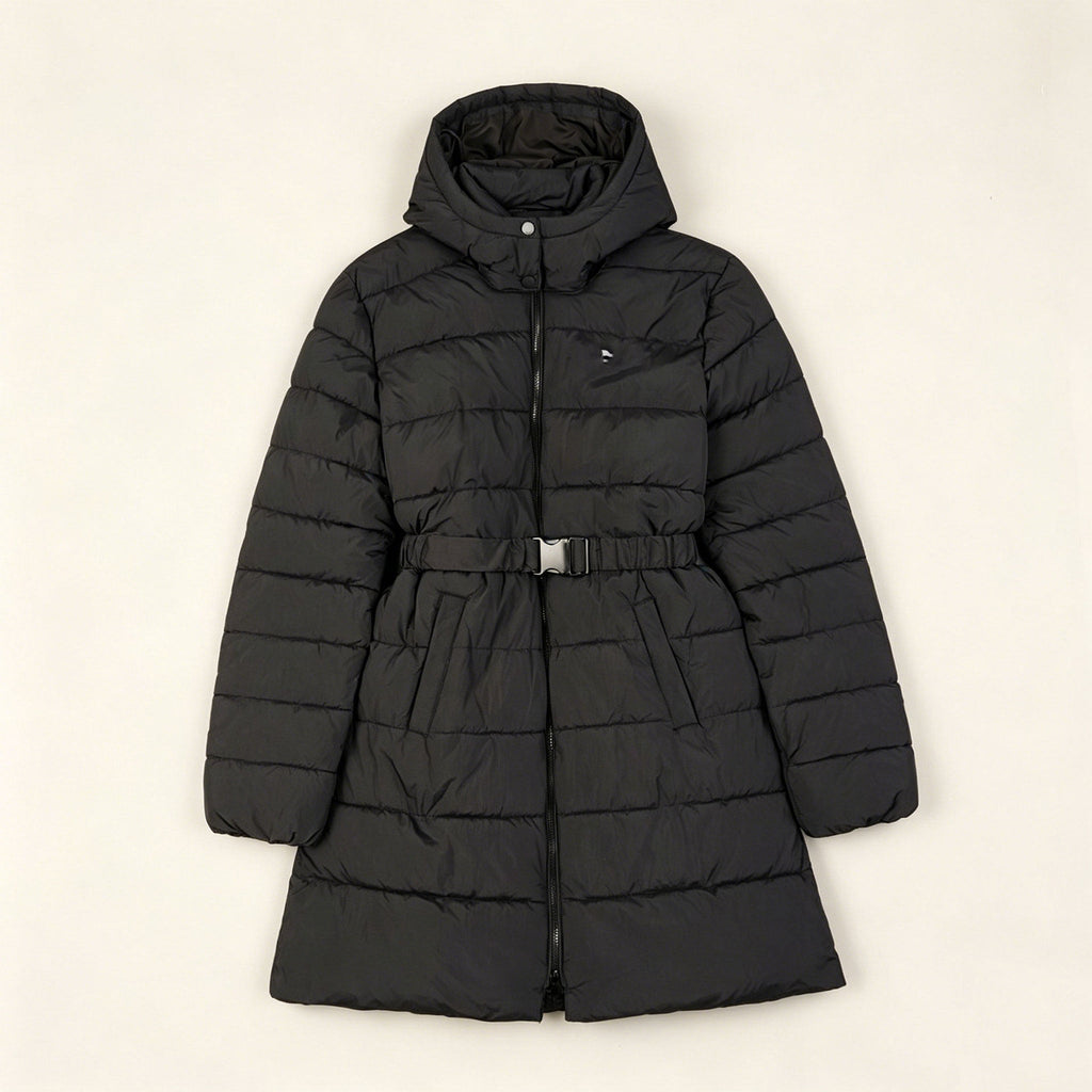 Women's long hooded belted quilted puffer coat, black with front zipper