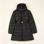 Women's long hooded belted quilted puffer coat, black with front zipper