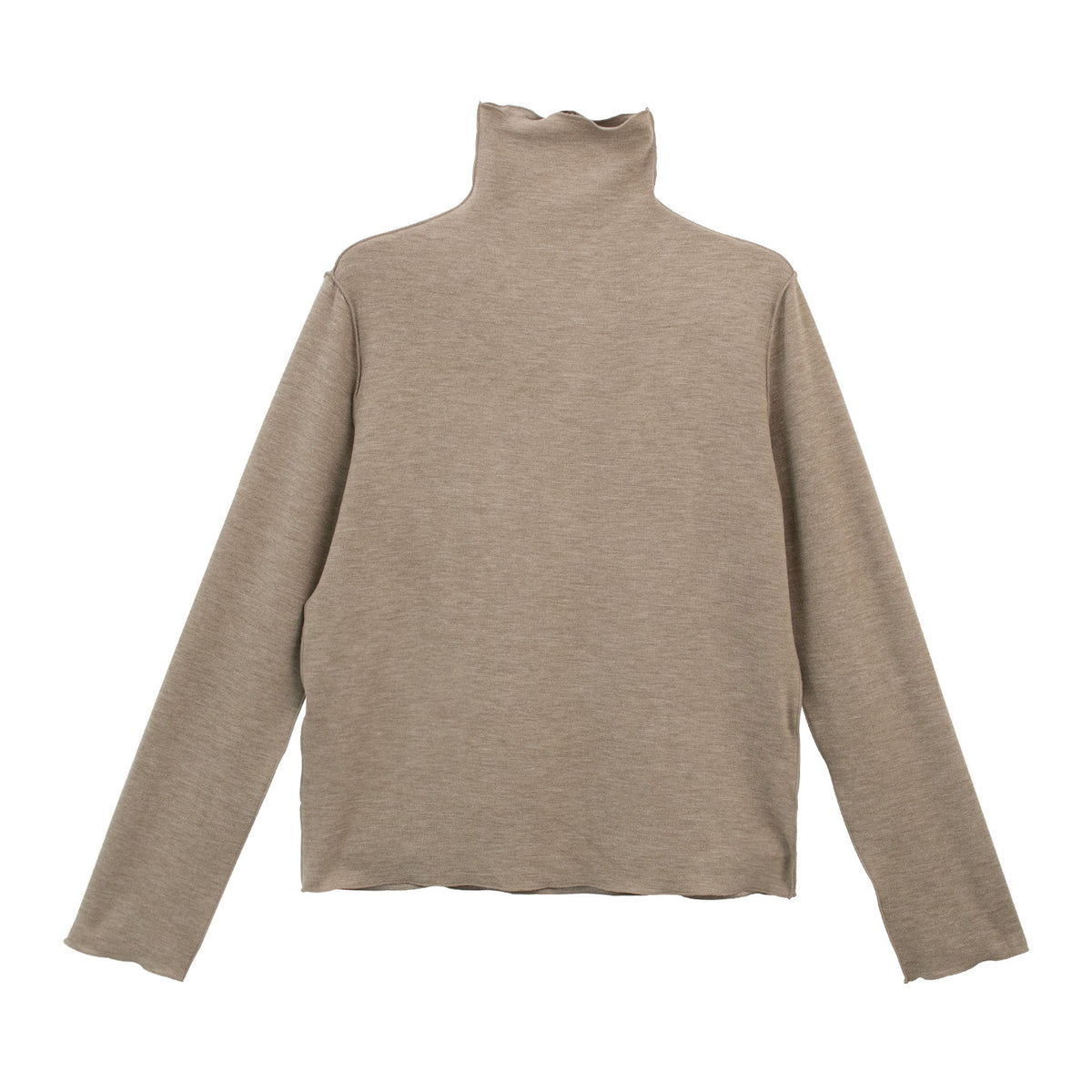 Taupe wool-blend mock neck long-sleeve fitted top, straight hem