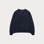 Navy women’s crewneck sweatshirt with embossed geometric logo on the chest