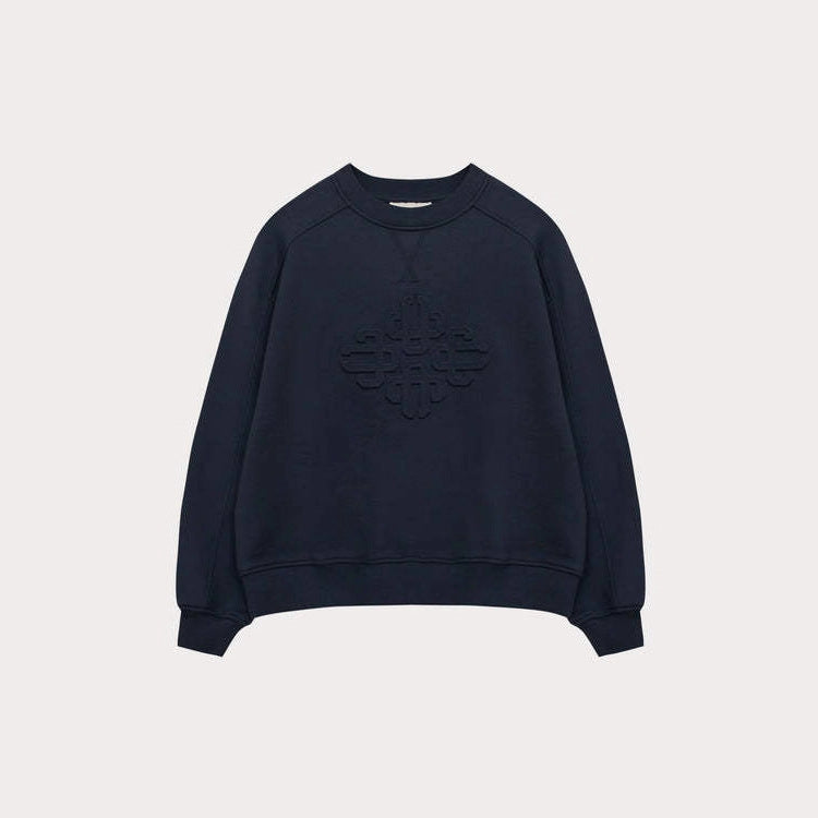 Navy women’s crewneck sweatshirt with embossed geometric logo on the chest