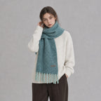 Chunky boucle knit scarf for women, turquoise with long fringe tassels, rolled neck style