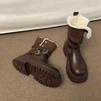 Brown faux leather winter boots with faux-fur fold-over cuffs and chunky tread platform soles