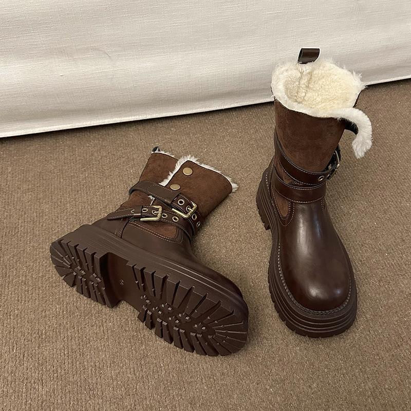 Brown faux leather winter boots with faux-fur fold-over cuffs and chunky tread platform soles