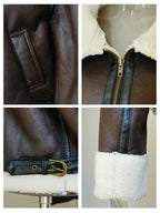 Cropped aviator jacket details: faux leather seams, gold zip, sherpa trim, buckle strap tabs
