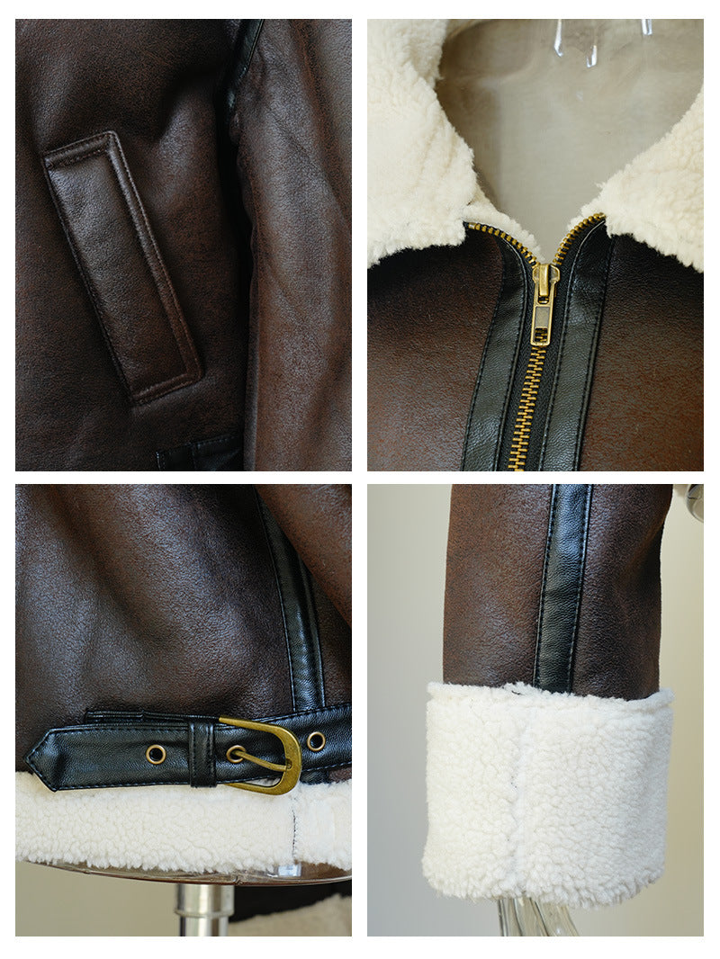 Cropped aviator jacket details: faux leather seams, gold zip, sherpa trim, buckle strap tabs