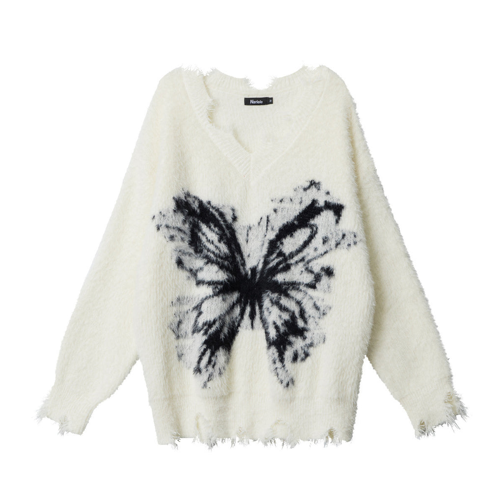 Women’s white mohair V-neck knit sweater with black butterfly graphic and soft fringe hem