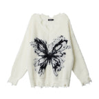 Women’s white mohair V-neck knit sweater with black butterfly graphic and soft fringe hem