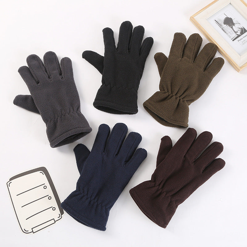 Fleece winter gloves set in dark colors with elastic gathered wrist cuffs