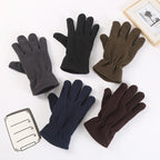 Fleece winter gloves set in dark colors with elastic gathered wrist cuffs