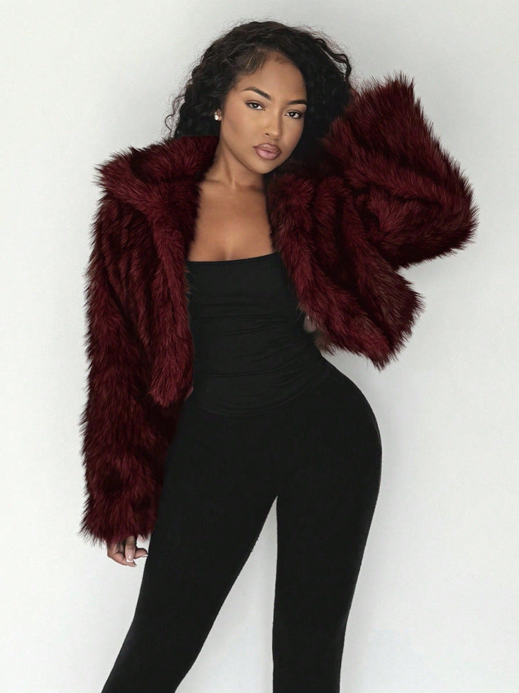 Burgundy shaggy faux fur cropped jacket with large lapel, open front