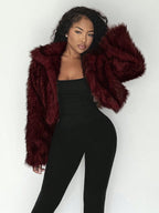 Burgundy shaggy faux fur cropped jacket with large lapel, open front
