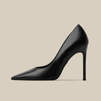 Women’s black pointed toe stiletto high heel pump with smooth upper, side view