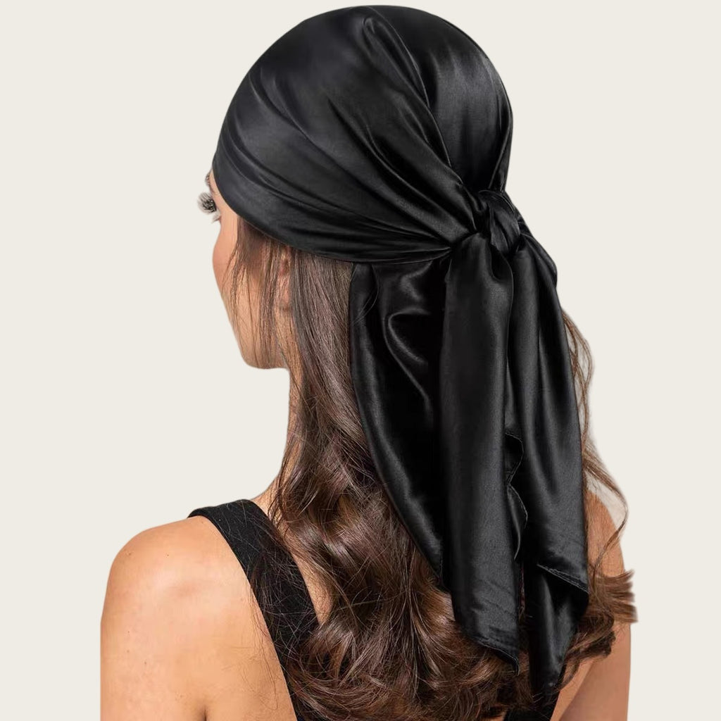 Large satin square scarf in black, solid sheen finish, tied head wrap