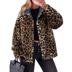 Women’s denim jacket with leopard-print fleece lining and plush collar, open front view