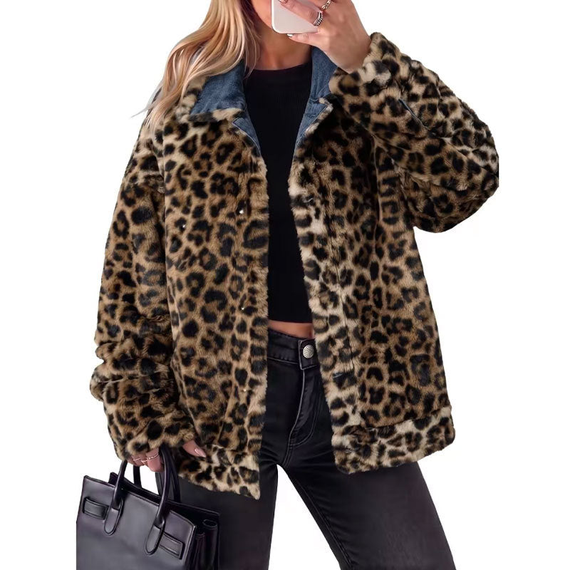 Women’s denim jacket with leopard-print fleece lining and plush collar, open front view