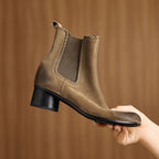 Women’s apricot suede ankle boots with elastic gore and chunky block heel