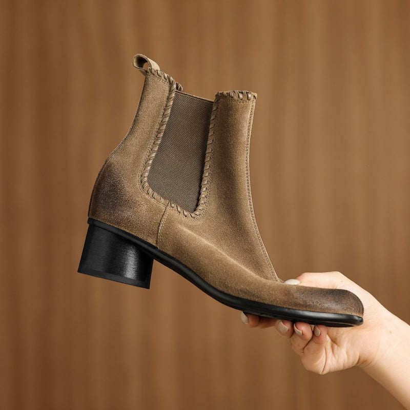 Women’s apricot suede ankle boots with elastic gore and chunky block heel