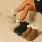 Platform snow boots in beige, black, and brown faux suede with faux fur trim, slip-on ankle