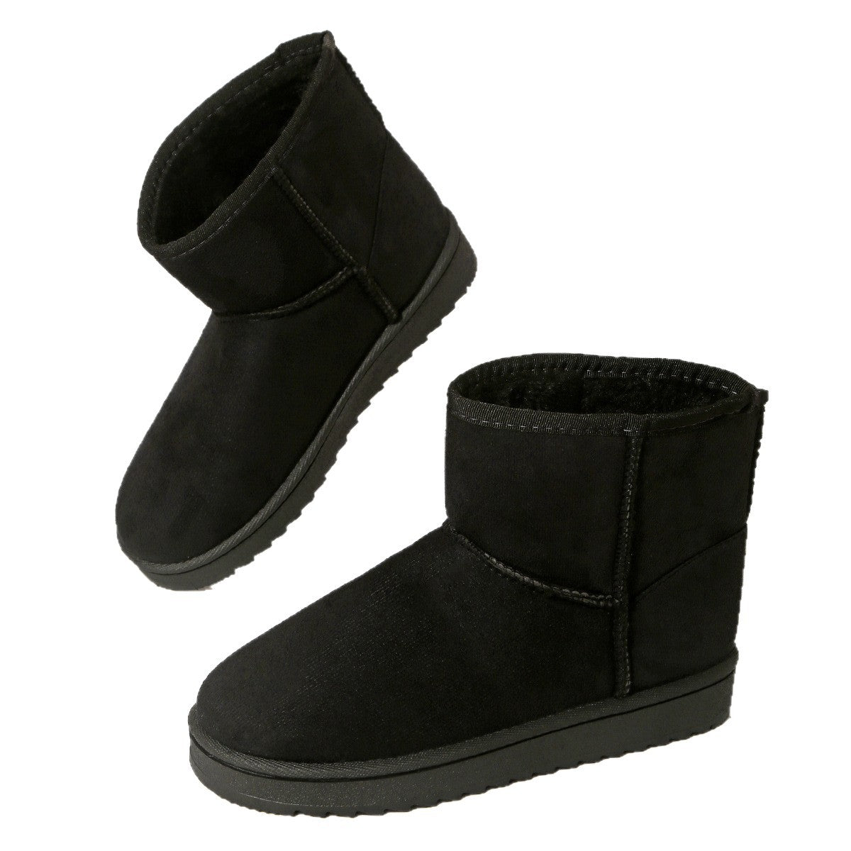 Black suede-look ankle boots with round toe, plush lining and flat rubber sole